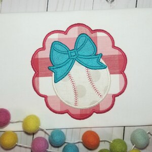 Baseball with Bow Machine Applique Design File with Scalloped Frame