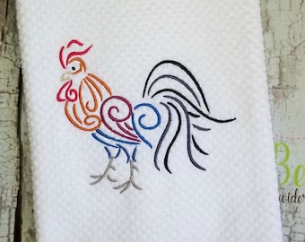 May include: Embroidered kitchen towel with a colorful rooster design. The rooster is outlined in black and has a red comb, orange body, blue wings, and gray legs.