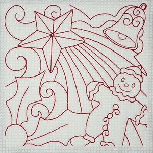Christmas Redwork Quilt Block for Machine Embroidery, Christmas Quilt Block In the Hoop Embroidery