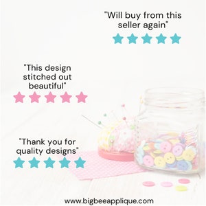 May include: Five star reviews for a sewing design shop. The reviews say "This design stitched out beautiful", "Thank you for quality designs", and "Will buy from this seller again". The image also shows a jar of buttons, a pincushion, and a piece of fabric with polka dots.