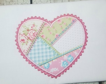 Crazy Patch Heart Machine Applique Design, Valentines Day Embroidery Pattern