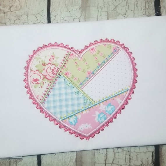 Crazy Patch Heart Machine Applique Design, Valentines Day Embroidery Pattern
