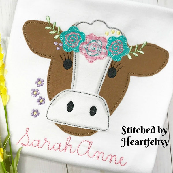 Floral Cow Machine Applique Design, Farm Animal Applique Design, Flower Applique Design