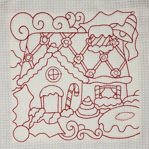 Redwork Gingerbread Christmas Redwork Quilt Block for Machine Embroidery, Gingerbread House ...