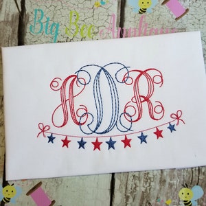 May include: Embroidered monogram with the letters "CJR" in red and blue thread. The monogram is decorated with a string of red and blue stars.