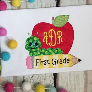 First Grade Applique, Back to School Apple Machine Embroidery with Pencil and Worm