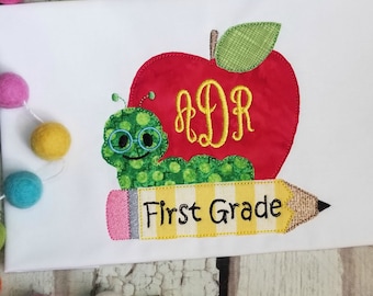 First Grade Applique, Back to School Apple Machine Applique Design