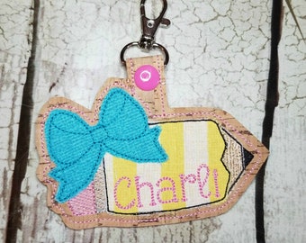 Pencil with Bow Snap Tab Machine Applique, In the Hoop Key Fob Embroidery Designs