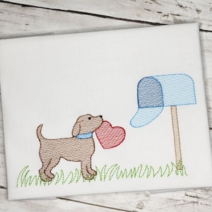 Valentines Day Machine Embroidery Design, Dog with Heart Sketch Stitch