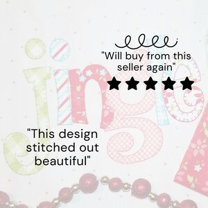 May include: A close-up of a pink and green "Jingle" sign with a five-star rating and the text "Will buy from this seller again". The text "This design stitched out beautiful" is also included.