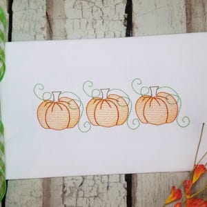 Könnte beinhalten: Drei orangefarbene Kürbisse mit grünen Stielen und Ranken, gestickt auf einem weißen Stoffhintergrund.