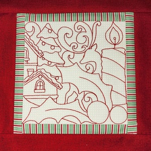 Redwork Christmas Quilt Block for Machine Embroidery, Christmas Candle Quilt Block In the Hoop Embroidery