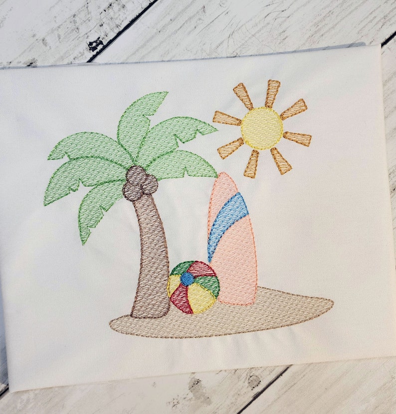Beach Machine Embroidery Design, Summer Embroidery Sketch Stitch - Etsy