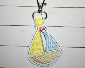 Sailboat In the Hoop Key Fob Embroidery Design, ITH Snap Tab, Digital Download