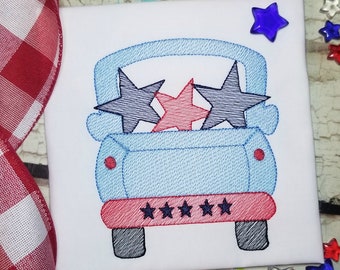 May include: A blue pickup truck with a red bed is carrying three stars. Two of the stars are blue and one is red. The truck has a red bumper with five black stars.