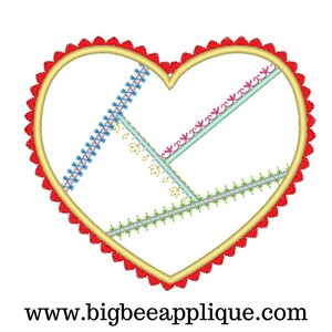 May include: A red heart-shaped embroidery design with a scalloped edge. The heart is filled with a variety of colorful stitches, including blue, green, pink, and yellow.