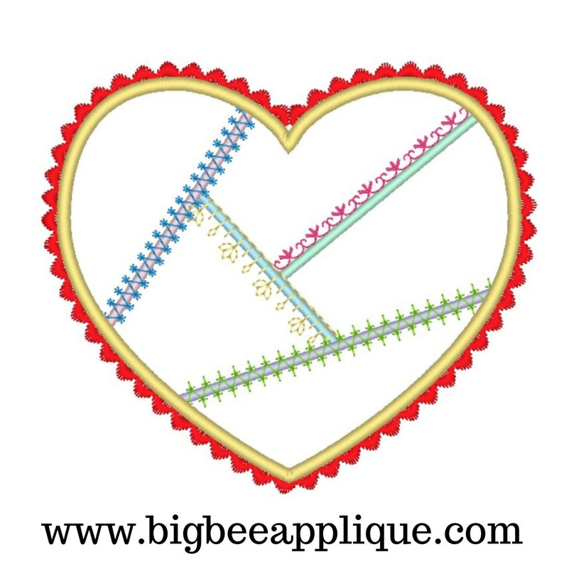 May include: A red heart-shaped embroidery design with a scalloped edge. The heart is filled with a variety of colorful stitches, including blue, green, pink, and yellow.