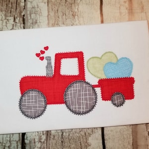 Tractor Machine Applique Design with Hearts, Valentines Day Embroidery