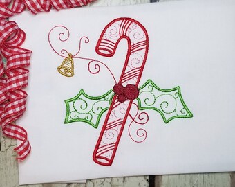 Swirly Candy Cane Machine Embroidery Design, Christmas Embroidery, Holly Embroidery Design