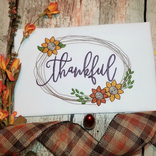 Thanksgiving Thankful Machine Embroidery Design with Sunflower Frame