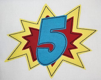 Superhero Birthday Number 5 Machine Applique Design, Superhero Embroidery Applique Design