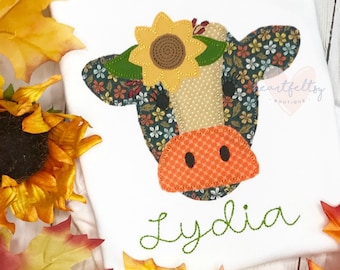 Cow with Sunflower Machine Applique Design, Farm Applique Embroidery Design