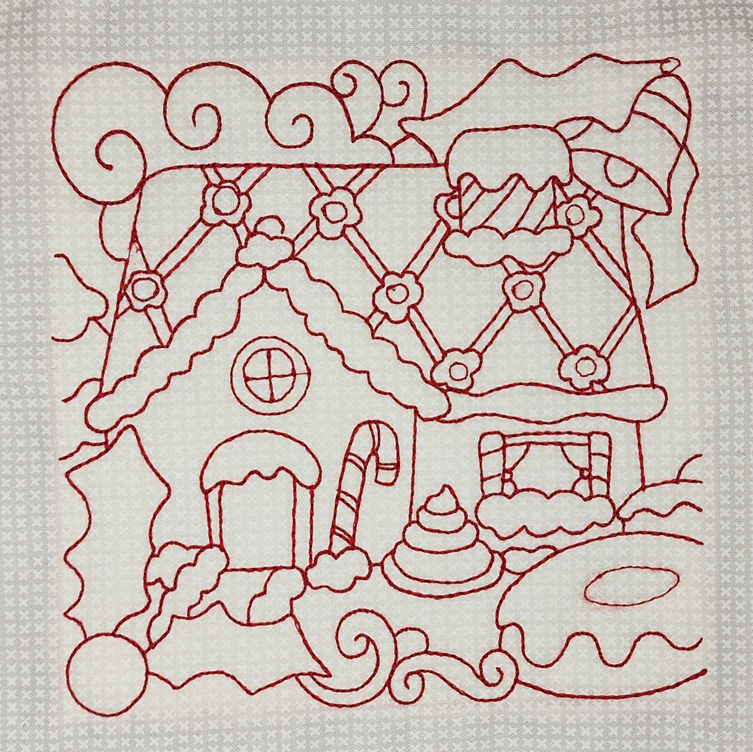 Redwork Gingerbread Christmas Redwork Quilt Block for Machine Embroidery, Gingerbread House ...