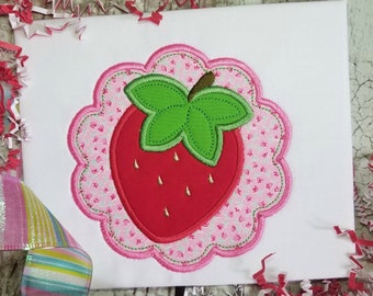 Strawberry Machine Applique Design, Summer Embroidery Design, Scalloped Frame