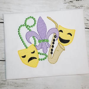 Fleur de Lis Mardi Gras Machine Embroidery Design with Carnival Mask and Saxophone