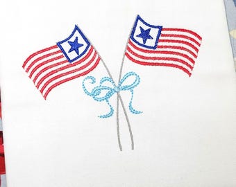 USA Flags Machine Embroidery Design File with Bow for Fourth of July