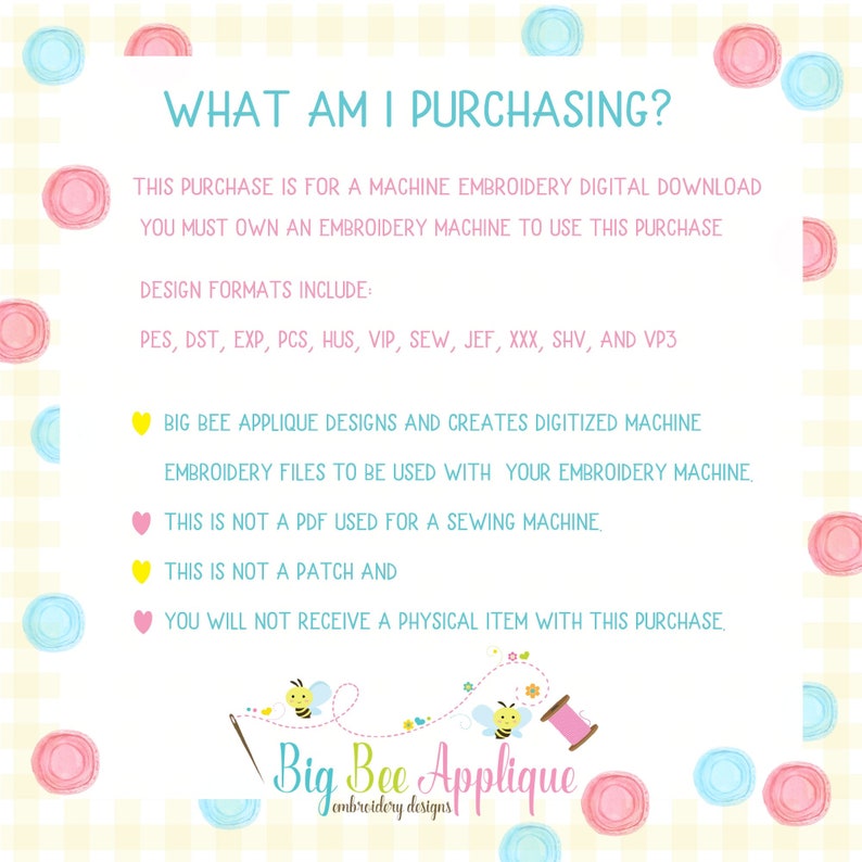 Peut inclure: Un t&eacute;l&eacute;chargement num&eacute;rique pour des motifs de broderie machine. Le texte indique "WHAT AM I PURCHASING?" et liste les formats de conception inclus&nbsp;: PES, DST, EXP, PCS, HUS, VIP, SEW, JEF, XXX, SHV et VP3. Le texte indique &eacute;galement qu'il ne s'agit pas d'un PDF pour une machine &agrave; coudre, pas d'un patch, et que vous ne recevrez pas d'article physique avec cet achat.