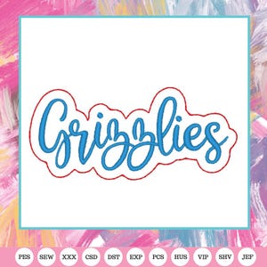 Pode incluir: A palavra "Grizzlies" em azul com contorno vermelho, sobre um fundo branco. O design é emoldurado por uma borda azul clara, com um fundo abstrato colorido. A parte inferior da imagem tem abreviações de tipos de arquivo.