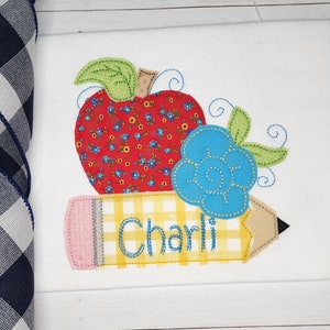 Apple with Pencil Machine Applique Design, Back to School Applique Embroidery Design
