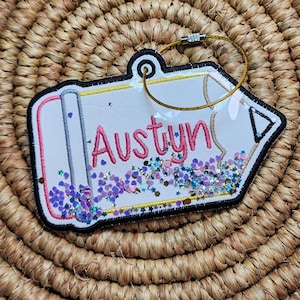 Pencil Bag Tag Embroidery Design with Glitter and Clear Vinyl Back to School
