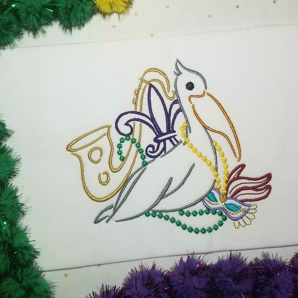 Mardi Gras Machine Embroidery Design, Fleur de Lis, Carnival, Pelican Satin Stitch