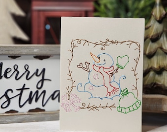 Sneeuwpop ITH borduurwerk kerstkaart, in de hoepel kerstkaart borduurontwerp voor machinaal borduren