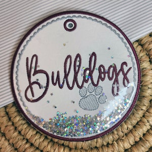 Bulldogs Bag Tag Embroidery Design, In the Hoop Glitter Backpack Tag