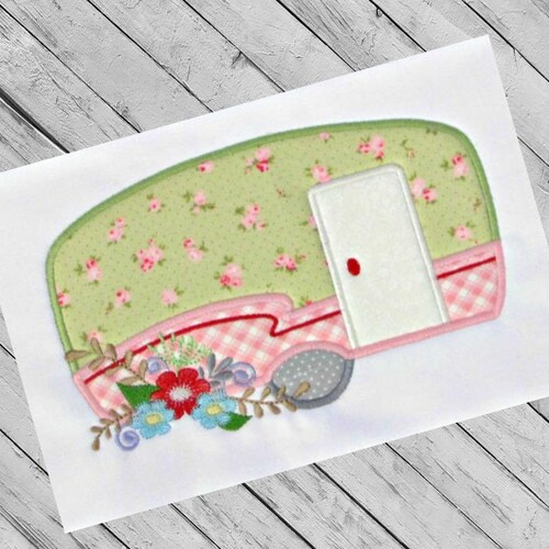 Camper With Flowers Machine Embroidery Applique Design Etsy