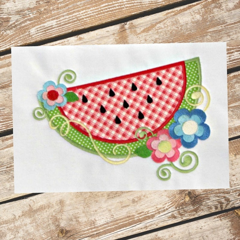 Watermelon with Flowers Machine Applique Design, Summer Applique Design, Digital Download image 1