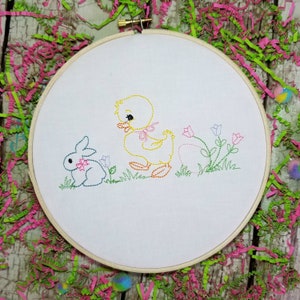 Vintage Easter Bunny Machine Embroidery Design with Chick for Spring