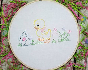 Vintage Easter Bunny Machine Embroidery Design with Chick for Spring