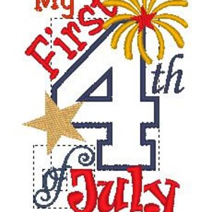 May include: A red, white, and blue design with the text "My First 4th of July" and a firework graphic.