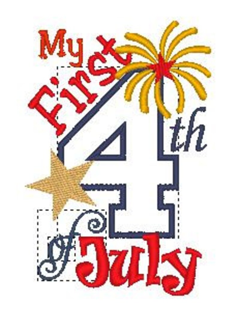 May include: A red, white, and blue design with the text "My First 4th of July" and a firework graphic.