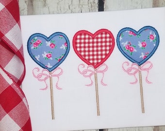 Heart Sucker Trio Applique Design, Valentines Day Applique Embroidery Design Satin Stitch