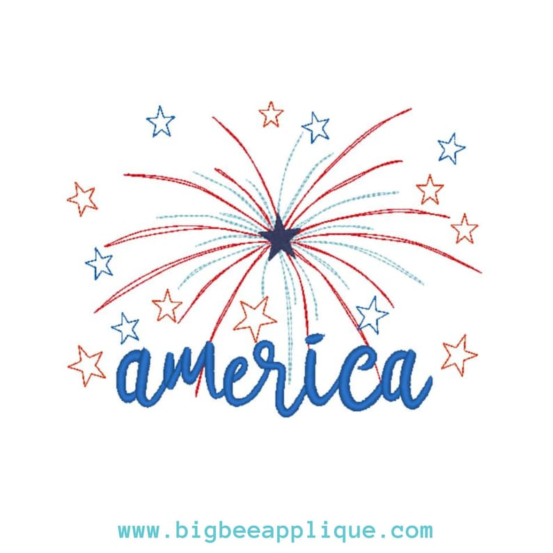 Peut inclure: Feu d'artifice rouge, blanc et bleu avec des &eacute;toiles et le mot "america" en &eacute;criture cursive bleue.