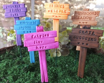 Made to Order Fairy Garden Sign - choose font & colour - polymer clay - decoration snail unicorn pegasus crossing animal fairies live here.