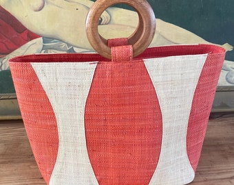 Orange Tote 70er Strohtasche mit Holzgriffen Damentasche