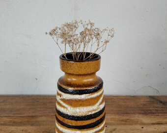 Vintage West Germany Vase – Braune Fat Lava Keramik mit Strukturstreifen