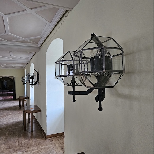 Wandleuchten Wandlampe Schloß Rittersaal Globus Bleiglas Schmiedeeisen Lampe Kugel