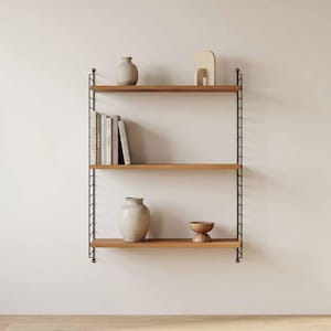 Op de afbeelding: Een wandplankensysteem met drie horizontale houten planken ondersteund door twee dunne zwarte metalen draadframes. De planken bevatten een verzameling boeken, een kleine beige vaas, een houten boogsculptuur en een kleine houten kom.